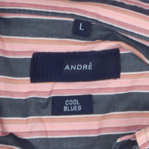 André Men's Blue Striped Long Sleeve Cotton Button-Up Shirt L