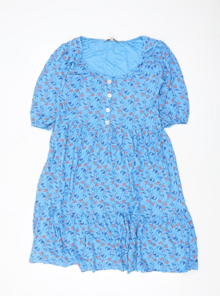 Next Women's Blue Floral Skater Dress Size 6 Puff Sleeve