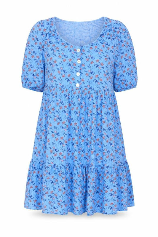 Front view of Next Women's Blue Floral Skater Dress, size 6, Puff Sleeve