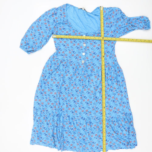Next Women's Blue Floral Skater Dress Size 6 Puff Sleeve