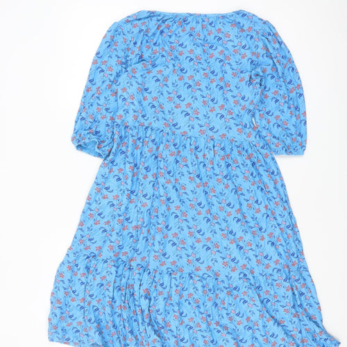Next Women's Blue Floral Skater Dress Size 6 Puff Sleeve