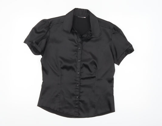 Evita Womens Black Short Sleeve Satin Button-Up Blouse Size 12