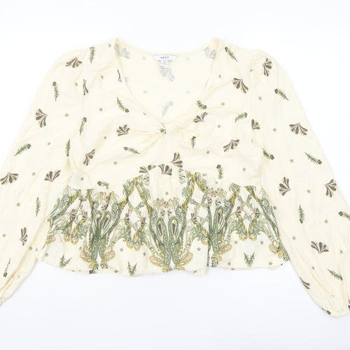 Next Women’s Beige Floral Tunic Blouse Size 16 Cotton V-Neck