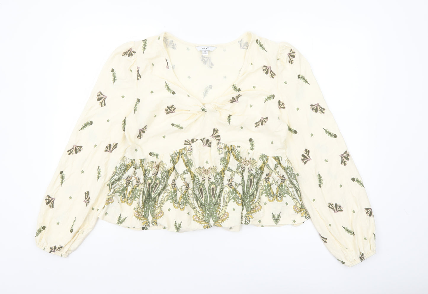 Next Women’s Beige Floral Tunic Blouse Size 16 Cotton V-Neck