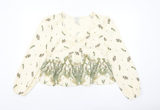 Next Women’s Beige Floral Tunic Blouse Size 16 Cotton V-Neck