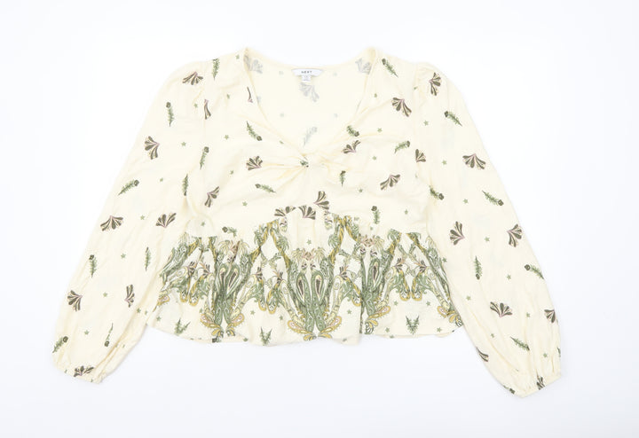 Next Women’s Beige Floral Tunic Blouse Size 16 Cotton V-Neck