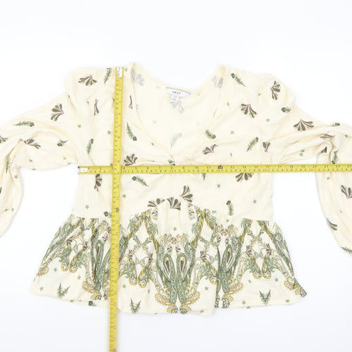 Next Women’s Beige Floral Tunic Blouse Size 16 Cotton V-Neck