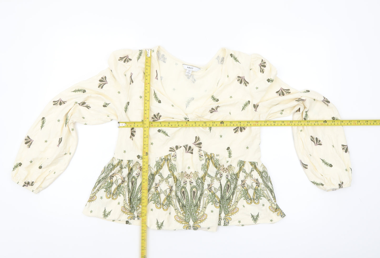 Next Women’s Beige Floral Tunic Blouse Size 16 Cotton V-Neck