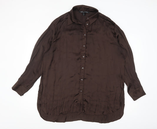 River Island Women Brown Satin Button-Up Shirt Size 14