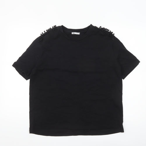 Zara Women Black Beaded Shoulder Cotton T-Shirt Size L
