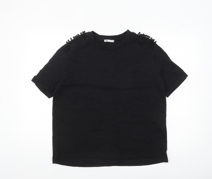Zara Women Black Beaded Shoulder Cotton T-Shirt Size L