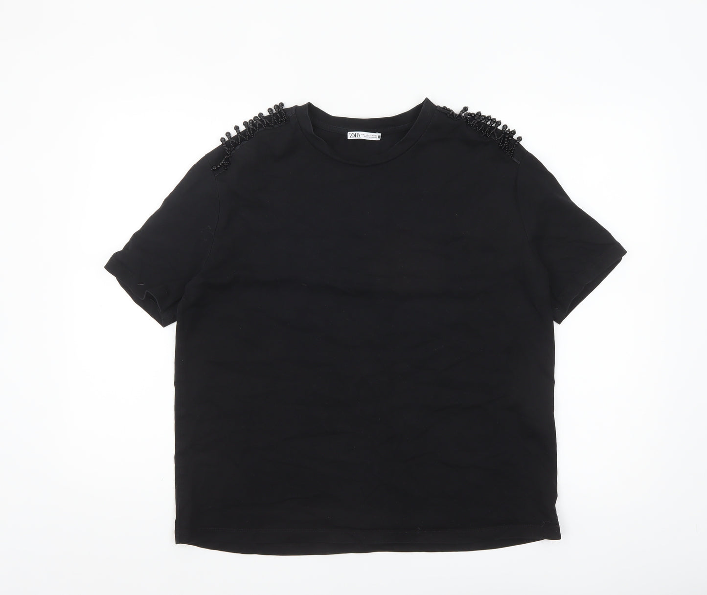 Zara Women Black Beaded Shoulder Cotton T-Shirt Size L