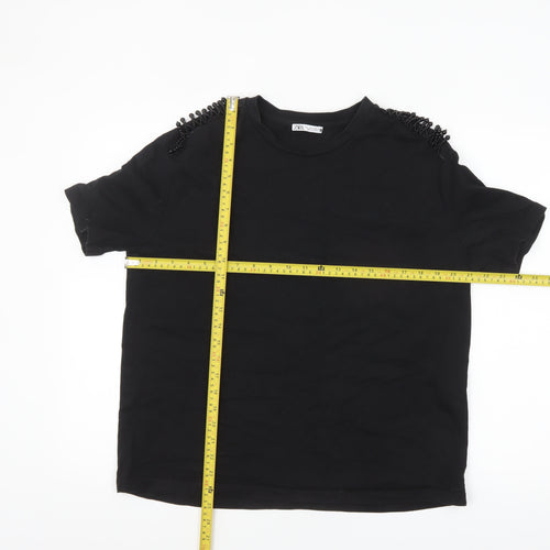 Zara Women Black Beaded Shoulder Cotton T-Shirt Size L