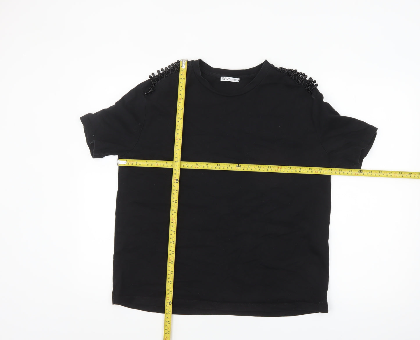 Zara Women Black Beaded Shoulder Cotton T-Shirt Size L