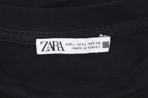 Zara Women Black Beaded Shoulder Cotton T-Shirt Size L