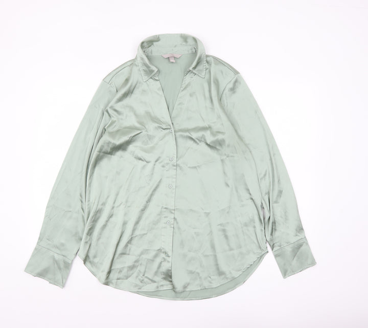 H&M Women Green Satin Long Sleeve Blouse Size 12