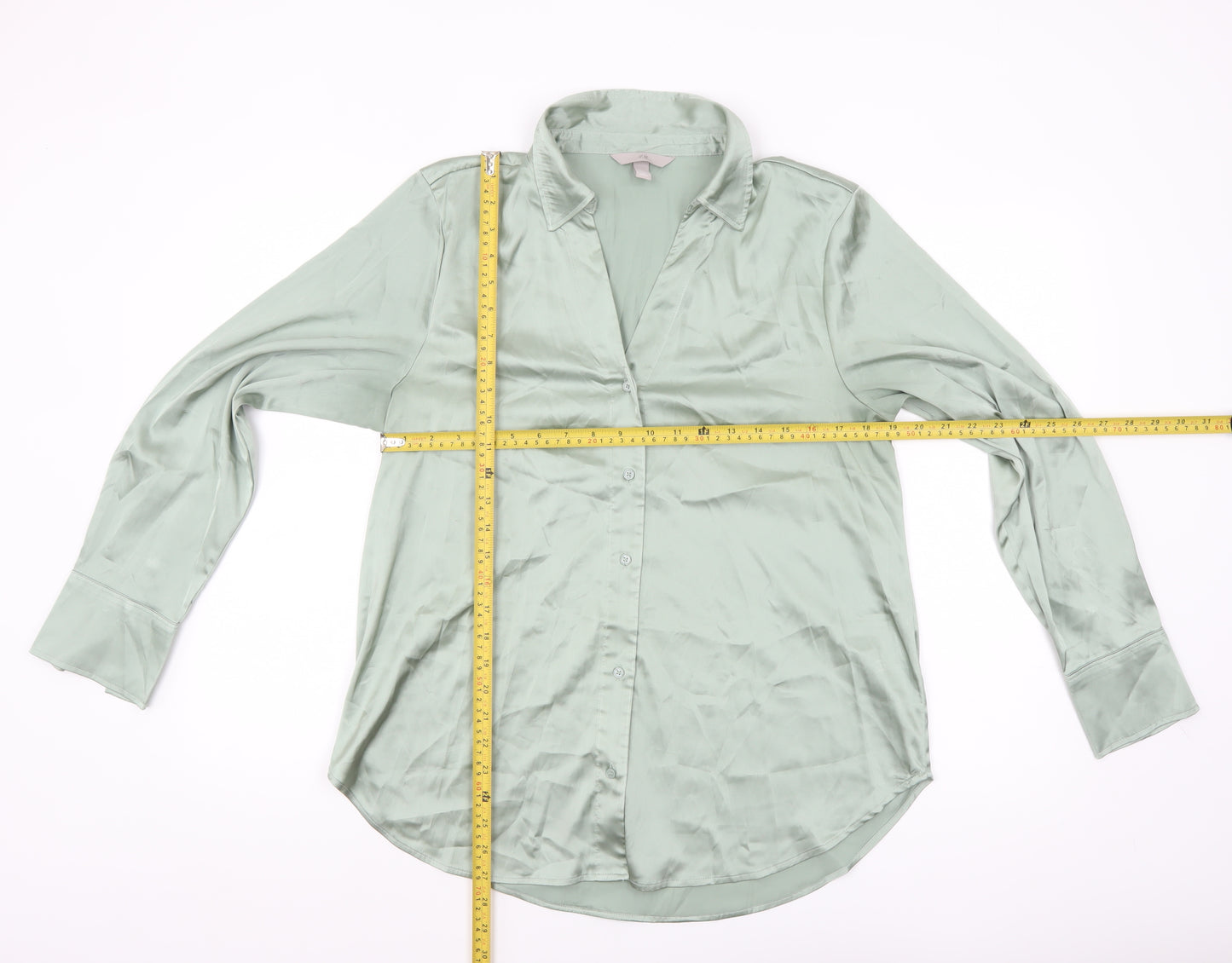 H&M Women Green Satin Long Sleeve Blouse Size 12