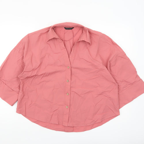 ZARA Women Pink Cotton Button-Up Shirt Size S Relaxed Fit 3/4 Sleeve