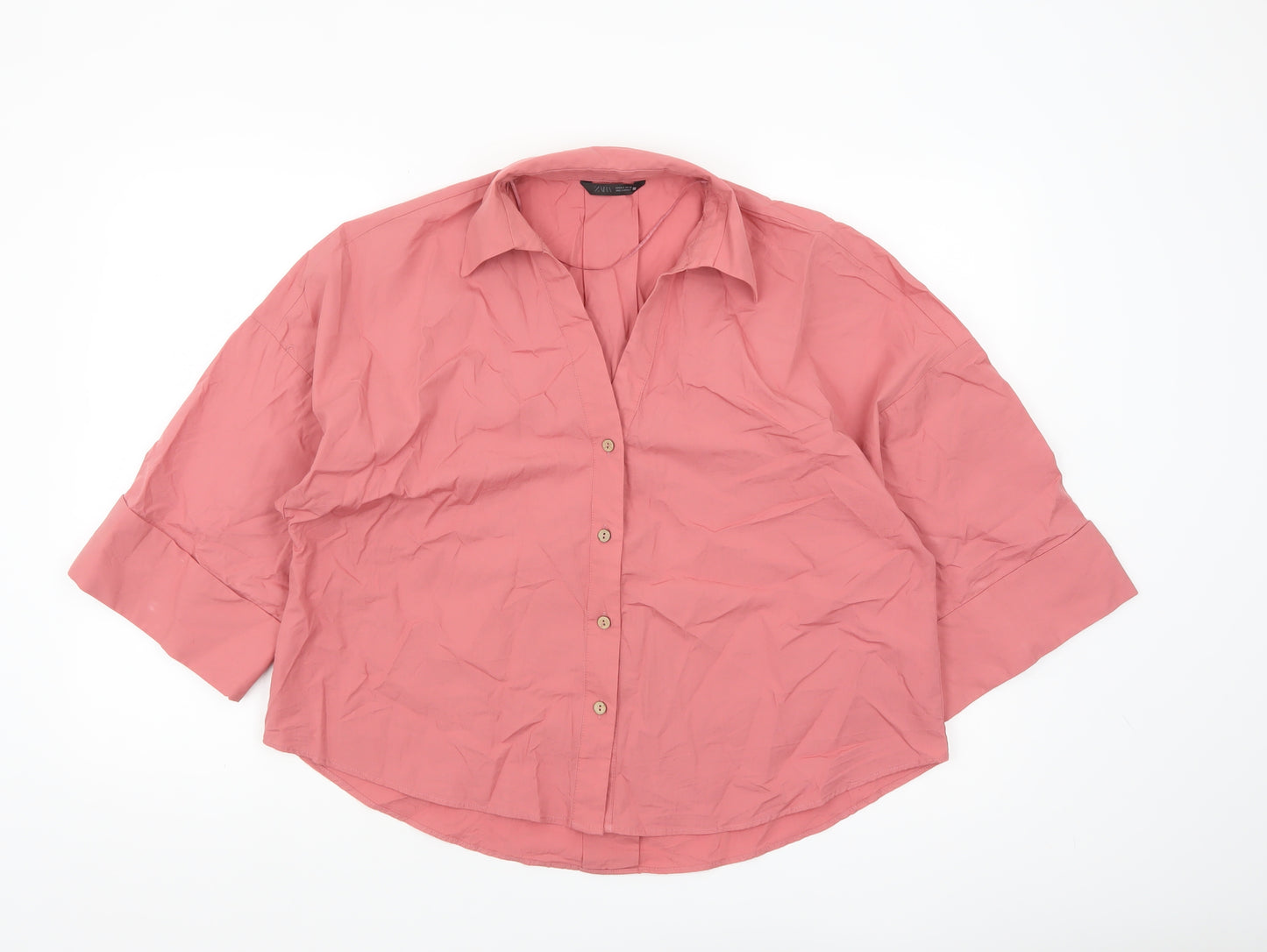 ZARA Women Pink Cotton Button-Up Shirt Size S Relaxed Fit 3/4 Sleeve