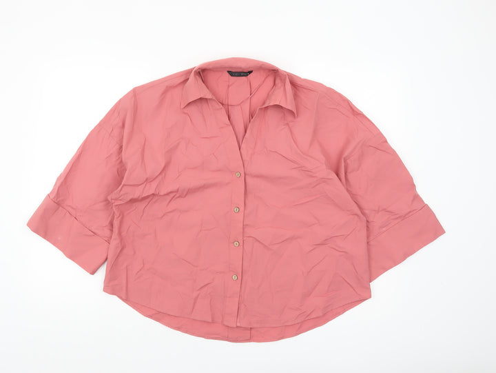 ZARA Women Pink Cotton Button-Up Shirt Size S Relaxed Fit 3/4 Sleeve