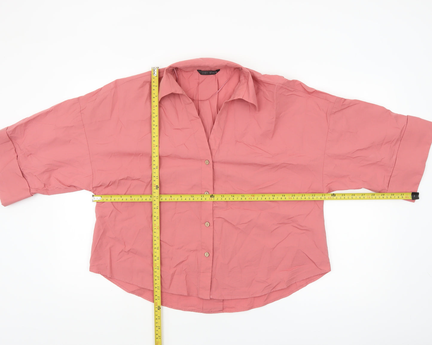 ZARA Women Pink Cotton Button-Up Shirt Size S Relaxed Fit 3/4 Sleeve