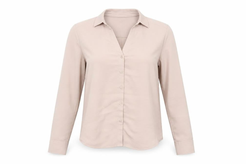 Front view of H&M women’s beige long sleeve button-up blouse uk 8 classic style