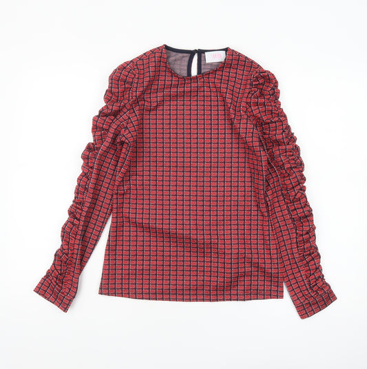 Savida Womens Red Check Ruffle Long Sleeve Blouse Size 8