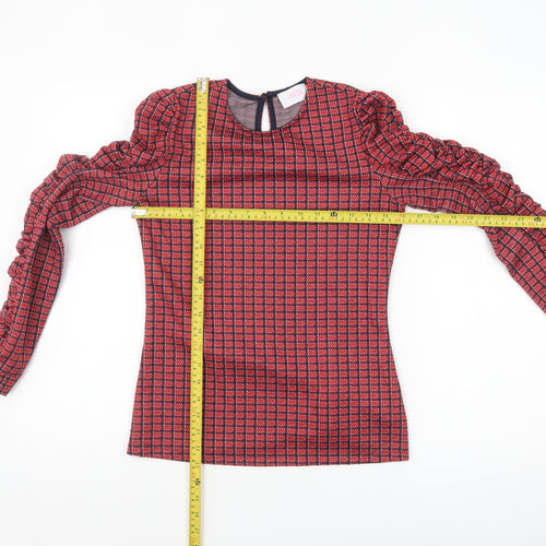 Savida Womens Red Check Ruffle Long Sleeve Blouse Size 8