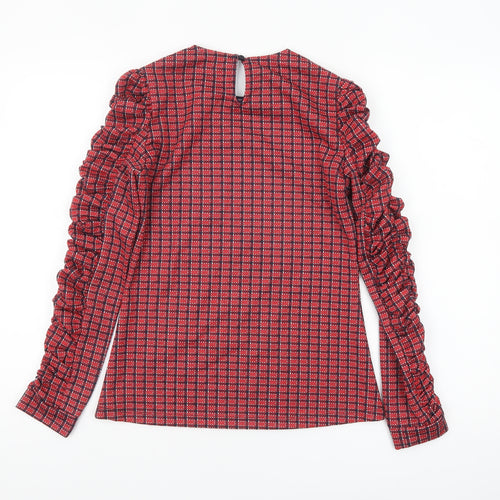 Savida Womens Red Check Ruffle Long Sleeve Blouse Size 8