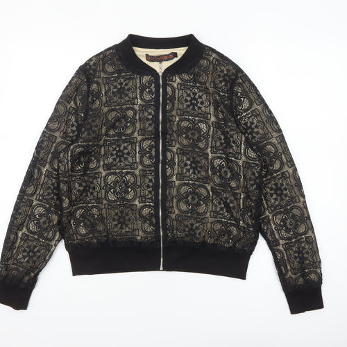 QED London Women’s Black Lace Bomber Jacket Lined Zip L Size