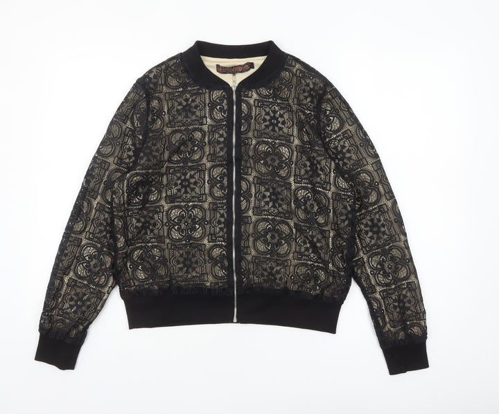 QED London Women’s Black Lace Bomber Jacket Lined Zip L Size