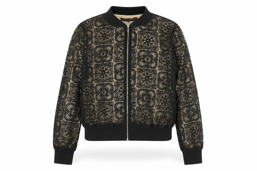 Front view of QED London Women’s Black Lace Bomber Jacket Lined Zip L Size