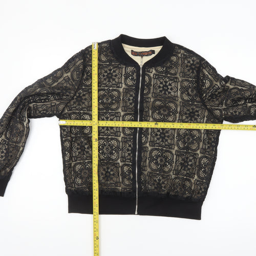 QED London Women’s Black Lace Bomber Jacket Lined Zip L Size