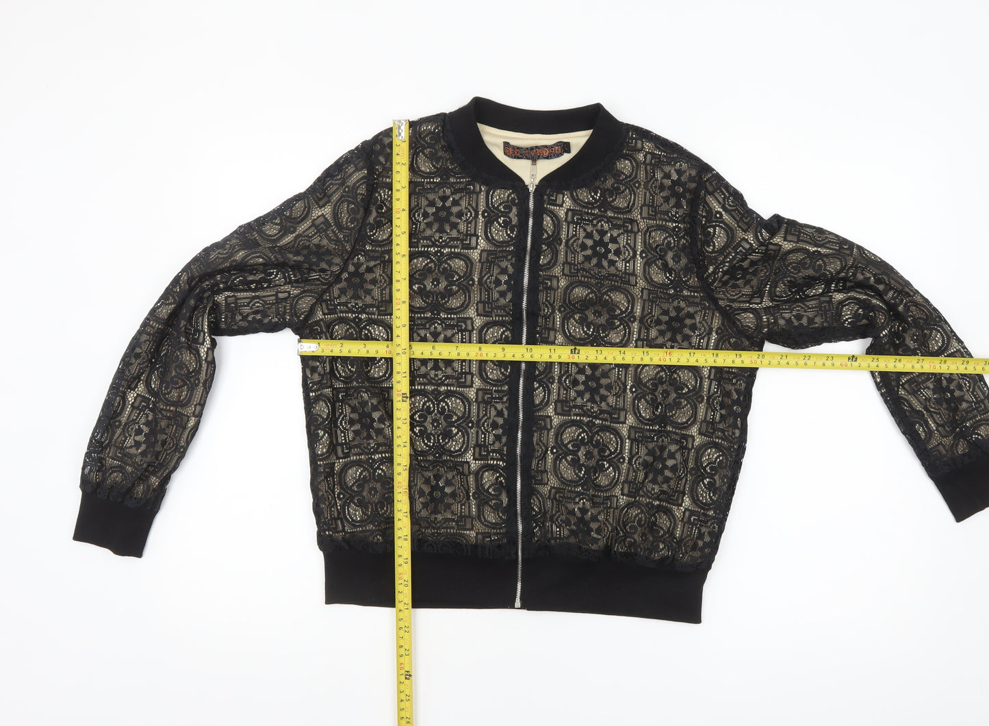 QED London Women’s Black Lace Bomber Jacket Lined Zip L Size