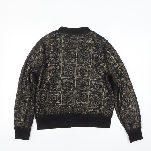 QED London Women’s Black Lace Bomber Jacket Lined Zip L Size
