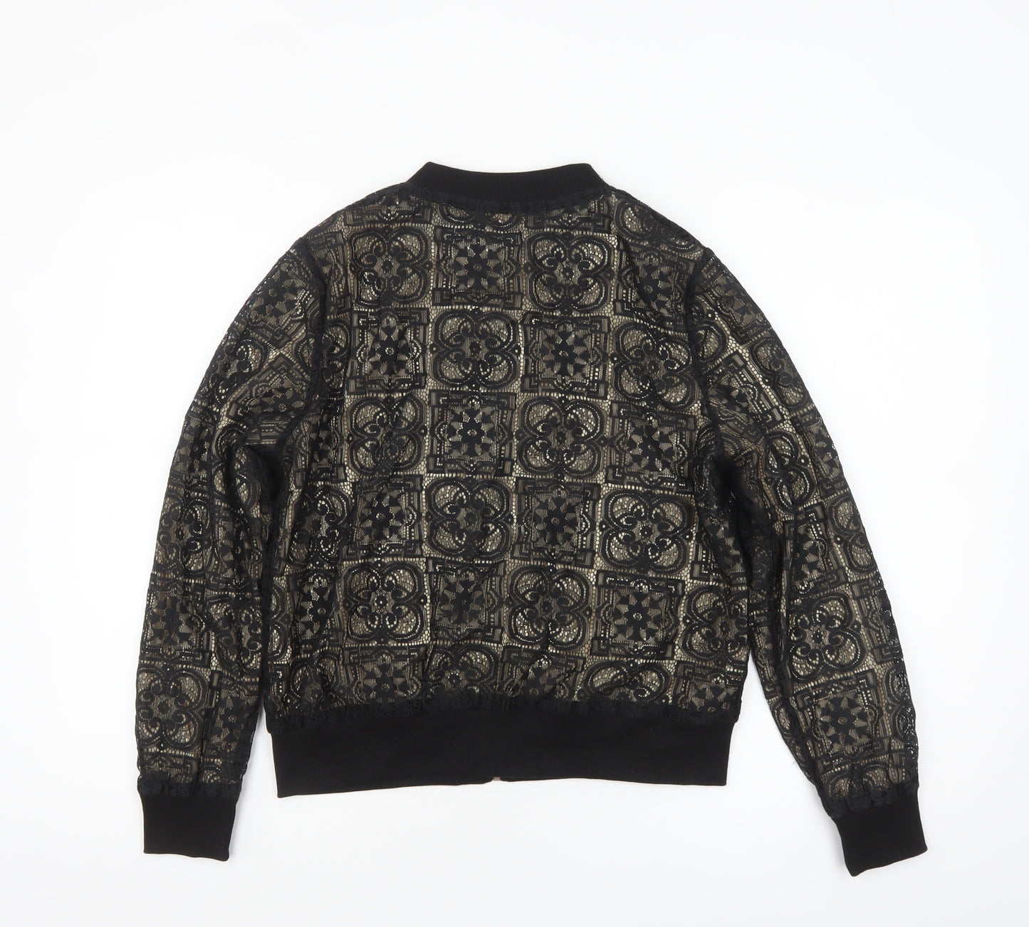 QED London Women’s Black Lace Bomber Jacket Lined Zip L Size
