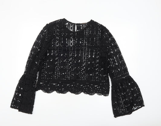 Forever 21 Women’s Black Lace Cropped Blouse Long Bell Sleeve L