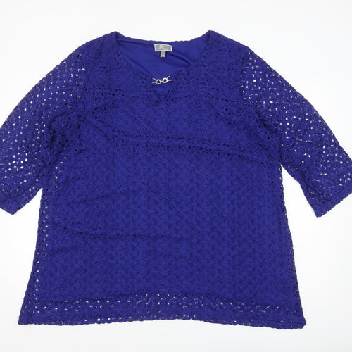 JM Collection Women's Blue Lace 3/4 Sleeve Tunic Blouse Size 22