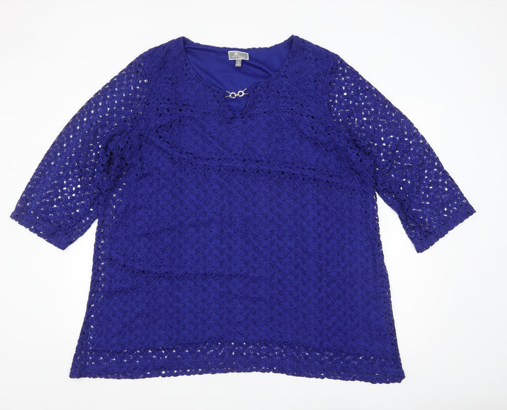 JM Collection Women's Blue Lace 3/4 Sleeve Tunic Blouse Size 22