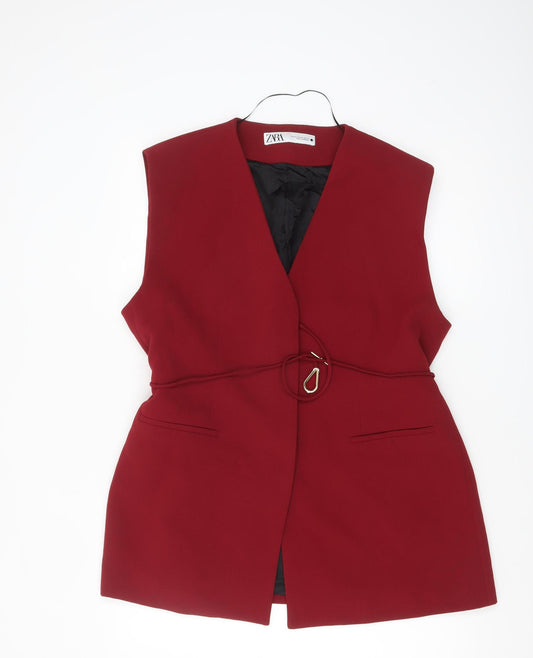Zara Women Red Polyester Belted Waistcoat Size 16