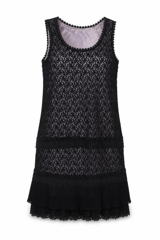 Front view of VILA Women’s Black Lace Shift Party Dress, size S, Sleeveless
