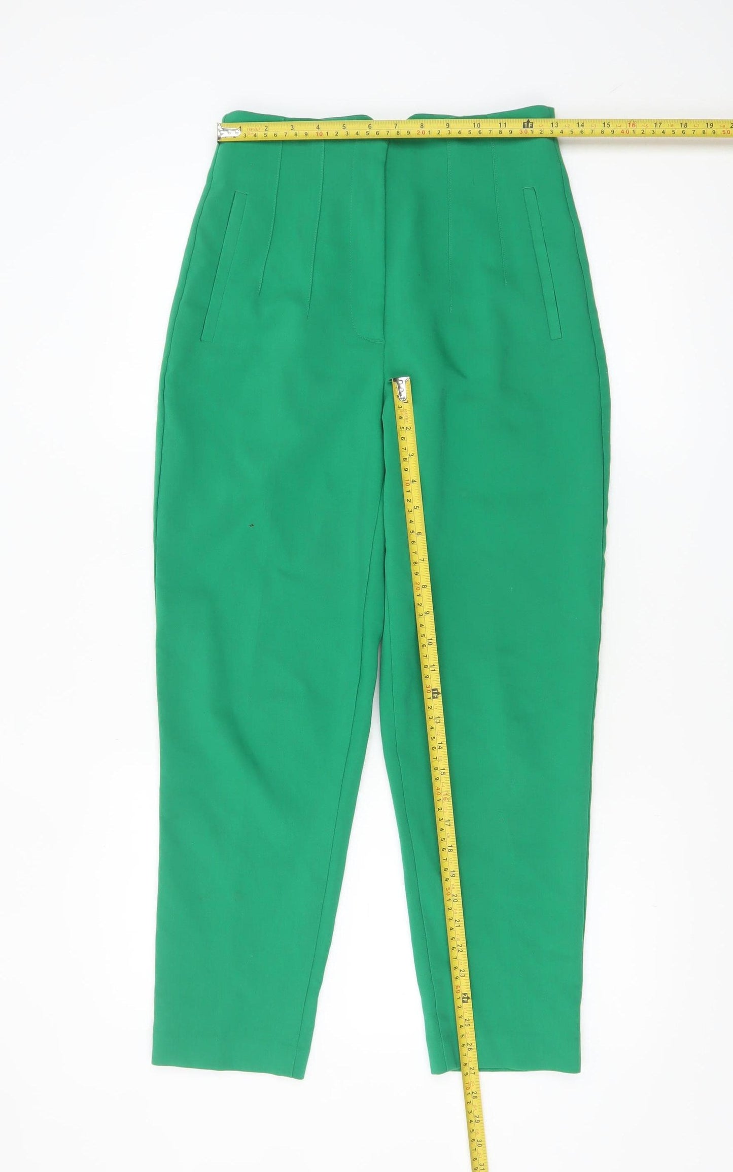 Zara Women Green High Waist Tapered Stretch Trousers Size S