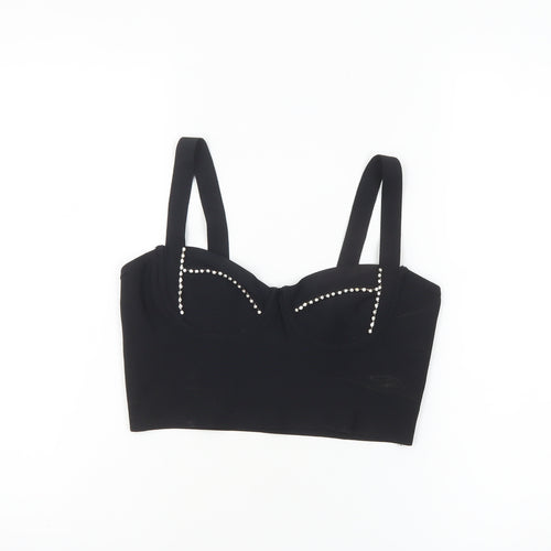 Bershka Women's Black Cropped Tank Top with Beaded Detail Size 12