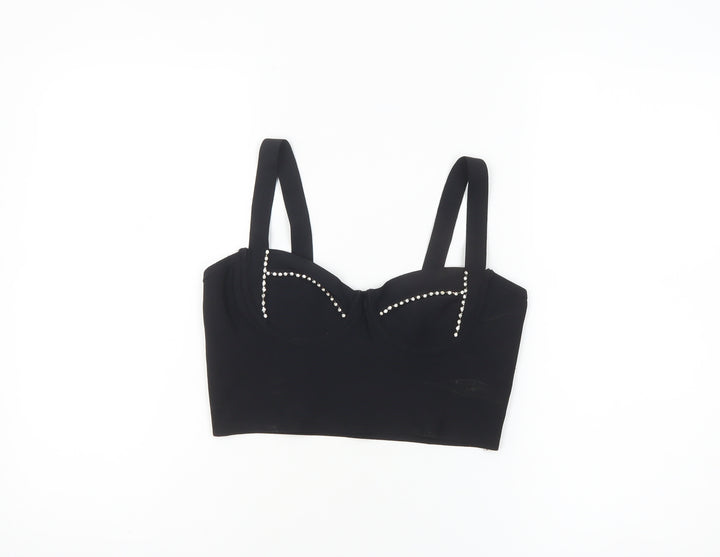 Bershka Women's Black Cropped Tank Top with Beaded Detail Size 12