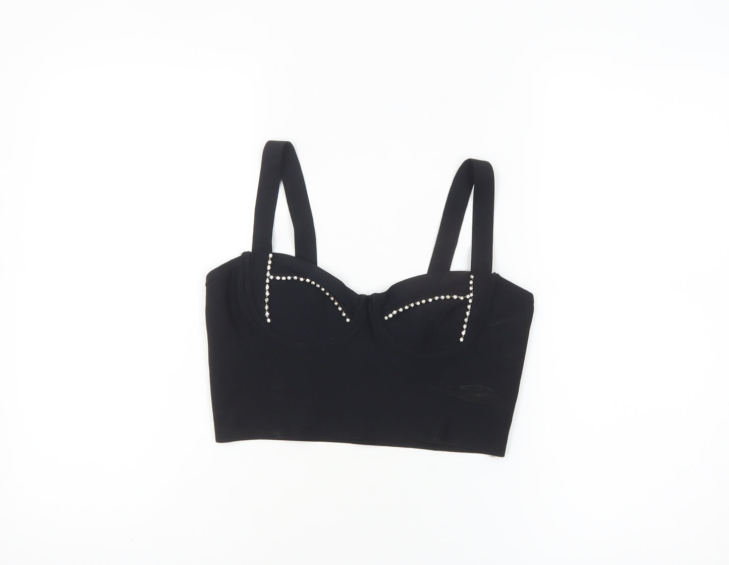Bershka Women's Black Cropped Tank Top with Beaded Detail Size 12