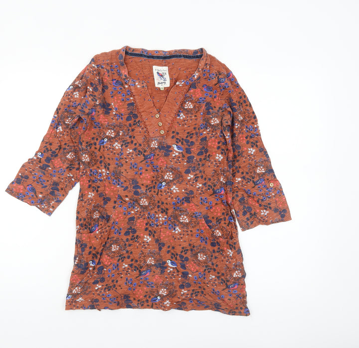 Mantaray Womens Brown Floral Tunic Blouse Size 8 V-Neck Cotton Top