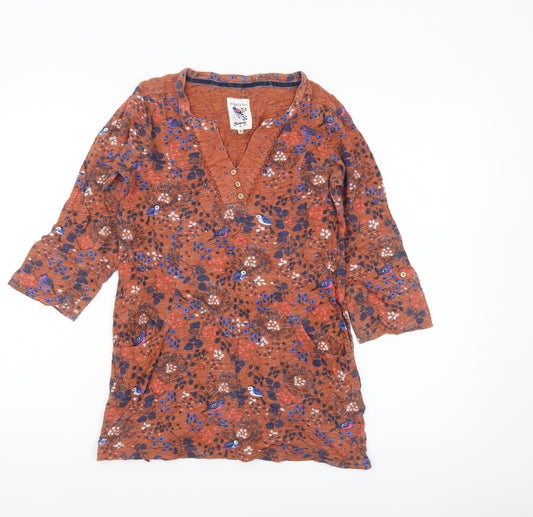 Mantaray Womens Brown Floral Tunic Blouse Size 8 V-Neck Cotton Top