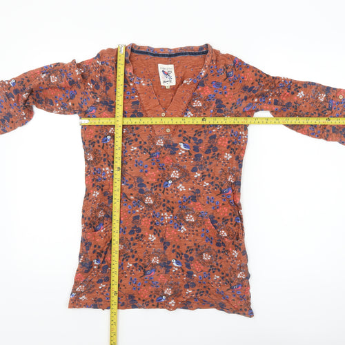 Mantaray Womens Brown Floral Tunic Blouse Size 8 V-Neck Cotton Top