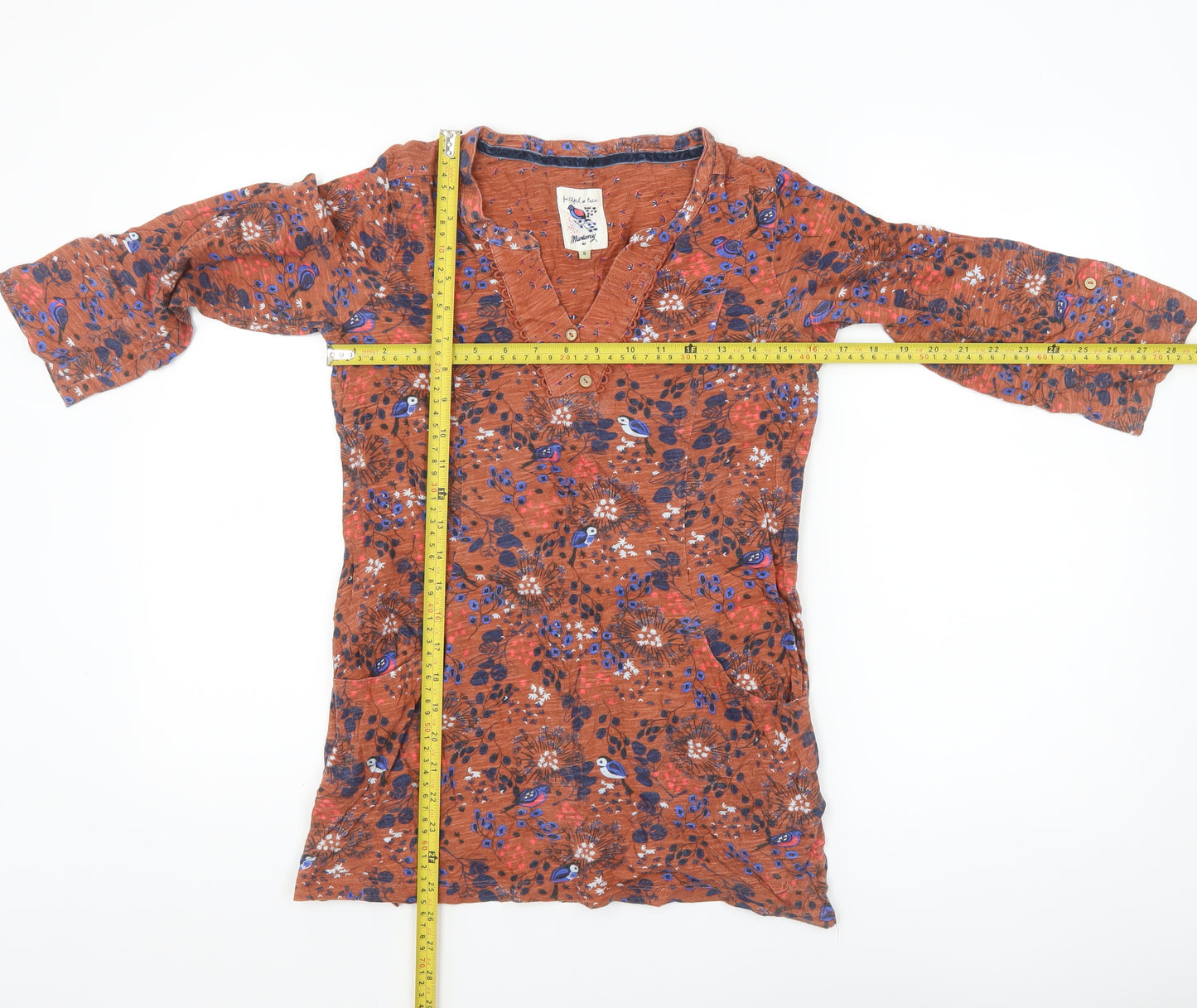 Mantaray Womens Brown Floral Tunic Blouse Size 8 V-Neck Cotton Top
