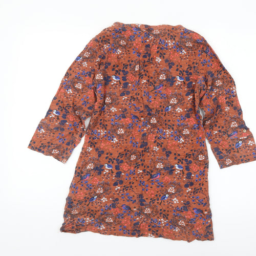 Mantaray Womens Brown Floral Tunic Blouse Size 8 V-Neck Cotton Top
